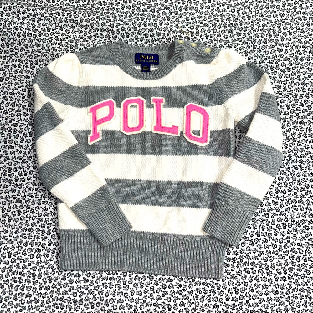 Rare Girls POLO pullover sweater with pink letterman letters. Size 5.